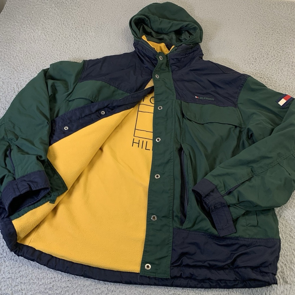 Tommy Hilfiger Jacket Mens XL Fleece‎ Lined Hooded Snap Zip Cargo Pockets FLAWS